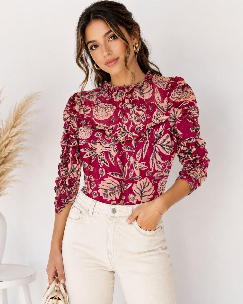 Ted Baker Pink Floral Ruched Ruffled Blouse Womens S Coquette Romantic Top Girly